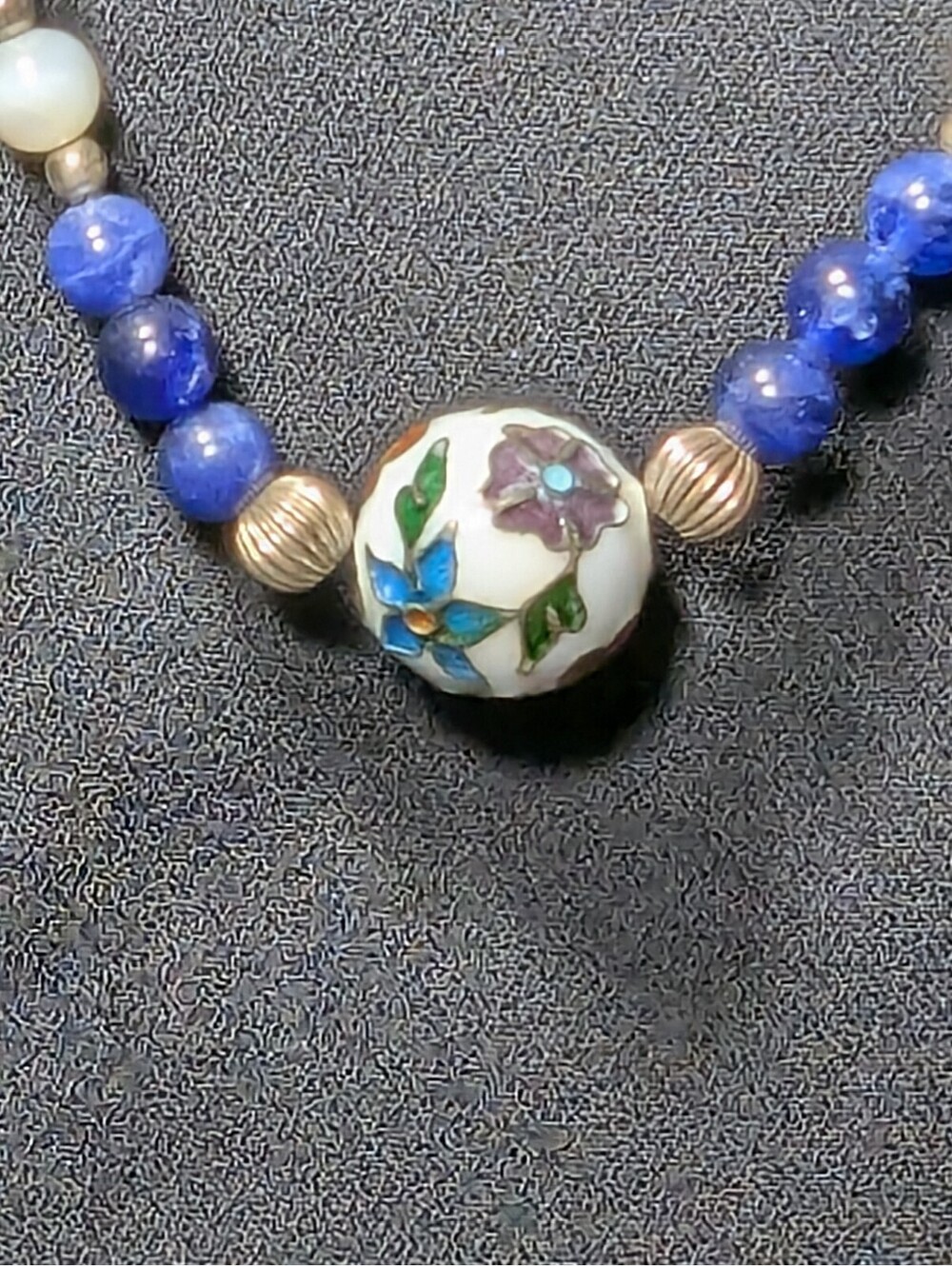 Vintage Cloisonné Floral Bead Lapis Moonstone Sterling 30" Handmade Necklace